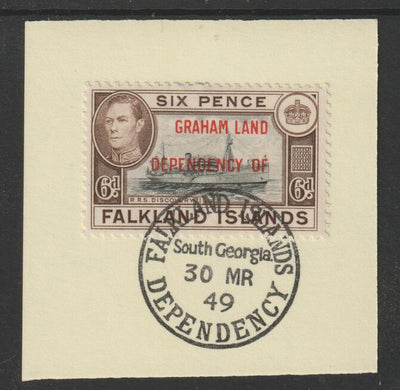 Falkland Islands Dependencies - Graham Land 1944 overprint on KG6 Pictorial 6d (SG A6) on piece with full strike of Madame Joseph forged postmark type 158