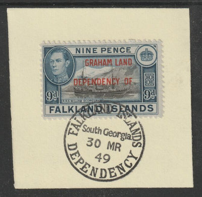 Falkland Islands Dependencies - Graham Land 1944 overprint on KG6 Pictorial 9d (SG A7) on piece with full strike of Madame Joseph forged postmark type 158