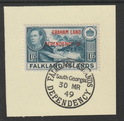 Falkland Islands Dependencies - Graham Land 1944 overprint on KG6 Pictorial 1s (SG A8) on piece with full strike of Madame Joseph forged postmark type 158
