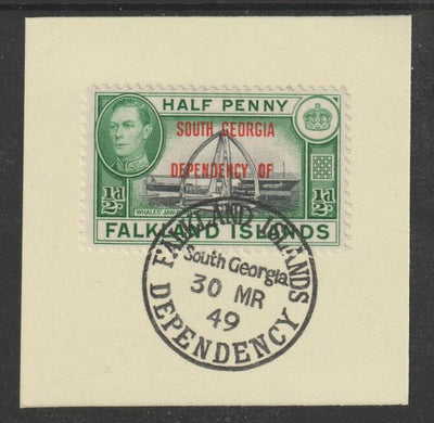 Falkland Islands Dependencies - South Georgia 1944 overprint on KG6 Pictorial 1/2d (SG B1) on piece with full strike of Madame Joseph forged postmark type 158