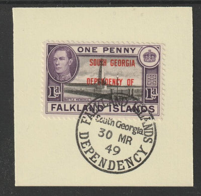 Falkland Islands Dependencies - South Georgia 1944 overprint on KG6 Pictorial 1d (SG B2) on piece with full strike of Madame Joseph forged postmark type 158