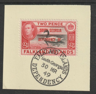 Falkland Islands Dependencies - South Georgia 1944 overprint on KG6 Pictorial 2d (SG B3) on piece with full strike of Madame Joseph forged postmark type 158