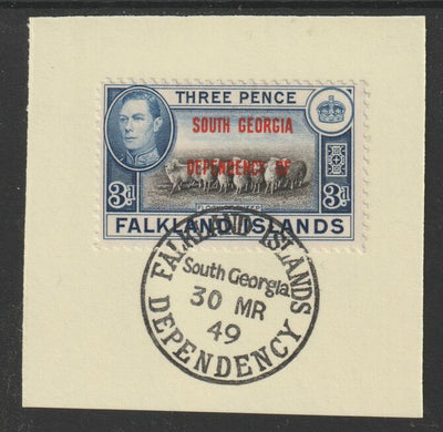 Falkland Islands Dependencies - South Georgia 1944 overprint on KG6 Pictorial 3d (SG B4) on piece with full strike of Madame Joseph forged postmark type 158