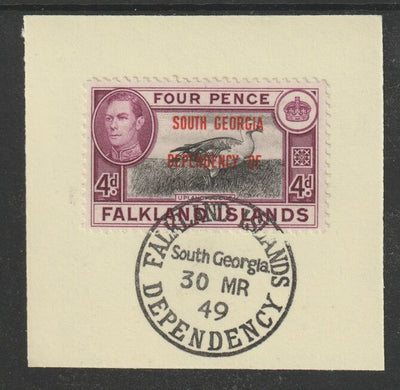 Falkland Islands Dependencies - South Georgia 1944 overprint on KG6 Pictorial 4d (SG B5) on piece with full strike of Madame Joseph forged postmark type 158