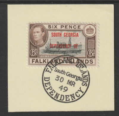Falkland Islands Dependencies - South Georgia 1944 overprint on KG6 Pictorial 6d (SG B6) on piece with full strike of Madame Joseph forged postmark type 158