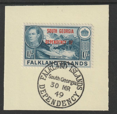 Falkland Islands Dependencies - South Georgia 1944 overprint on KG6 Pictorial 1s (SG B8) on piece with full strike of Madame Joseph forged postmark type 158