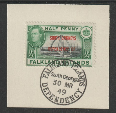 Falkland Islands Dependencies - South Orkneys 1944 overprint on KG6 Pictorial 1/2d (SG C1) on piece with full strike of Madame Joseph forged postmark type 158