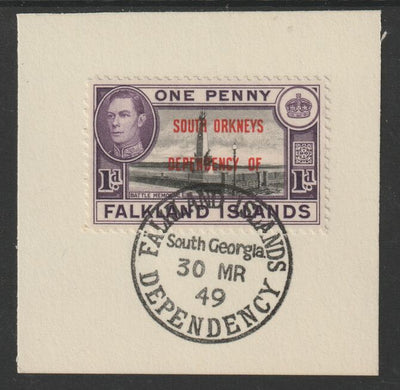 Falkland Islands Dependencies - South Orkneys 1944 overprint on KG6 Pictorial 1d (SG C2) on piece with full strike of Madame Joseph forged postmark type 158