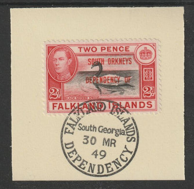 Falkland Islands Dependencies - South Orkneys 1944 overprint on KG6 Pictorial 2d (SG C3) on piece with full strike of Madame Joseph forged postmark type 158