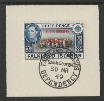Falkland Islands Dependencies - South Orkneys 1944 overprint on KG6 Pictorial 3d (SG C4) on piece with full strike of Madame Joseph forged postmark type 158