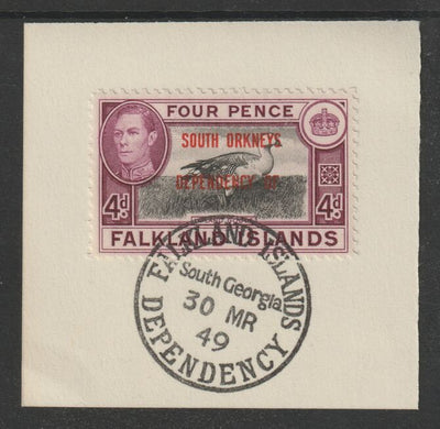 Falkland Islands Dependencies - South Orkneys 1944 overprint on KG6 Pictorial 4d (SG C5) on piece with full strike of Madame Joseph forged postmark type 158
