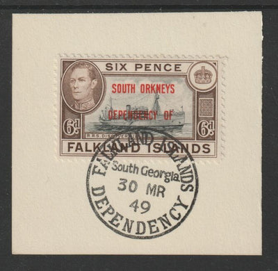 Falkland Islands Dependencies - South Orkneys 1944 overprint on KG6 Pictorial 6d (SG C6) on piece with full strike of Madame Joseph forged postmark type 158
