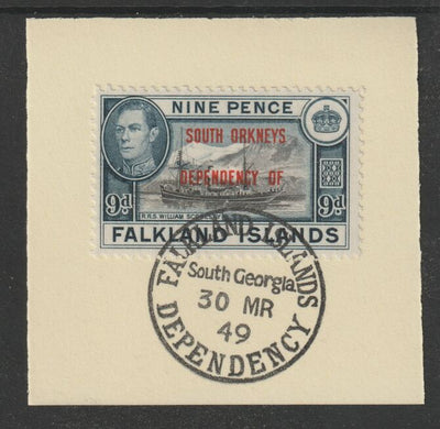 Falkland Islands Dependencies - South Orkneys 1944 overprint on KG6 Pictorial 9d (SG C7) on piece with full strike of Madame Joseph forged postmark type 158