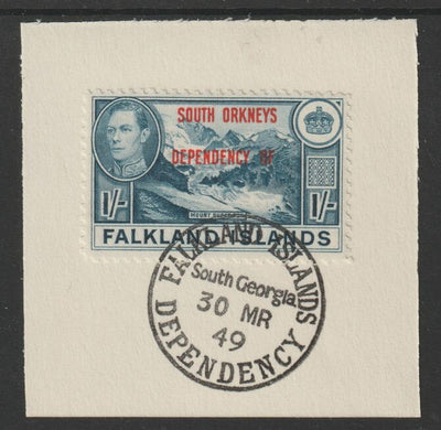 Falkland Islands Dependencies - South Orkneys 1944 overprint on KG6 Pictorial 1s (SG C8) on piece with full strike of Madame Joseph forged postmark type 158