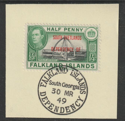 Falkland Islands Dependencies - South Shetlands 1944 overprint on KG6 Pictorial 1/2d (SG D1) on piece with full strike of Madame Joseph forged postmark type 158