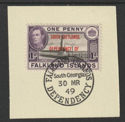 Falkland Islands Dependencies - South Shetlands 1944 overprint on KG6 Pictorial 1d (SG D2) on piece with full strike of Madame Joseph forged postmark type 158