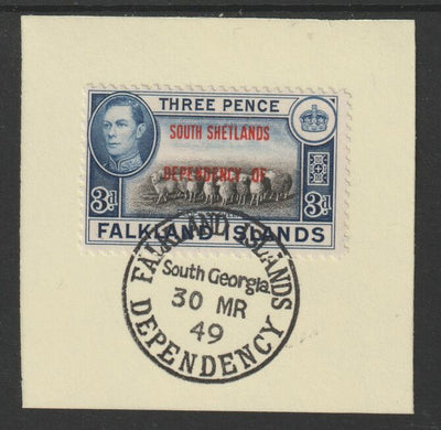 Falkland Islands Dependencies - South Shetlands 1944 overprint on KG6 Pictorial 3d (SG D4) on piece with full strike of Madame Joseph forged postmark type 158