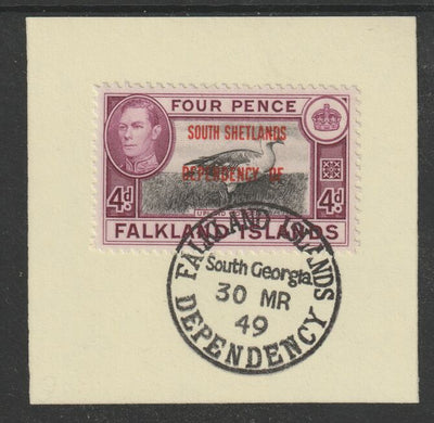Falkland Islands Dependencies - South Shetlands 1944 overprint on KG6 Pictorial 4d (SG D5) on piece with full strike of Madame Joseph forged postmark type 158