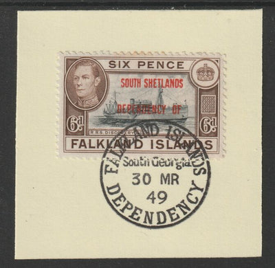 Falkland Islands Dependencies - South Shetlands 1944 overprint on KG6 Pictorial 6d (SG D6) on piece with full strike of Madame Joseph forged postmark type 158