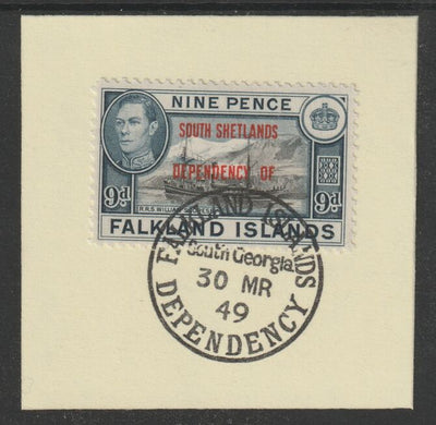 Falkland Islands Dependencies - South Shetlands 1944 overprint on KG6 Pictorial 9d (SG D7) on piece with full strike of Madame Joseph forged postmark type 158