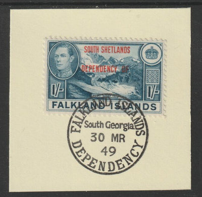 Falkland Islands Dependencies - South Shetlands 1944 overprint on KG6 Pictorial 1s (SG D8) on piece with full strike of Madame Joseph forged postmark type 158