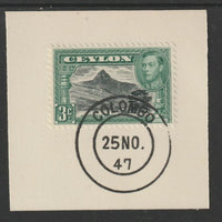 Ceylon 1938-49 KG6 Adam's Peak 3c on piece with full strike of Madame Joseph forged postmark type 122