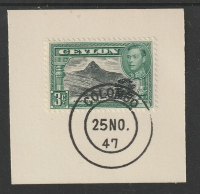 Ceylon 1938-49 KG6 Adam's Peak 3c on piece with full strike of Madame Joseph forged postmark type 122