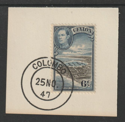 Ceylon 1938-49 KG6 Colombo Harbour 6c on piece with full strike of Madame Joseph forged postmark type 122