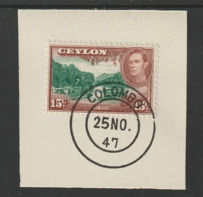 Ceylon 1938-49 KG6 River Scene 15c on piece with full strike of Madame Joseph forged postmark type 122
