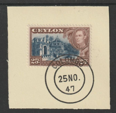 Ceylon 1938-49 KG6 Temple of the Tooth 25c on piece with full strike of Madame Joseph forged postmark type 122