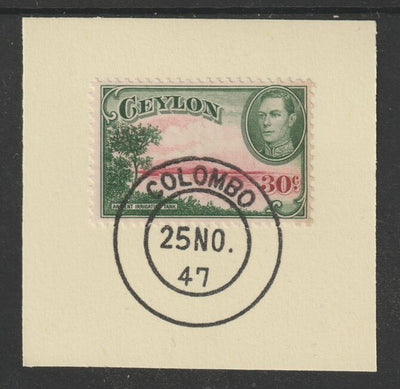 Ceylon 1938-49 KG6 Irrigation Tank 30c on piece with full strike of Madame Joseph forged postmark type 122