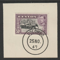 Ceylon 1938-49 KG6 Elephants 50c on piece with full strike of Madame Joseph forged postmark type 122