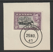 Ceylon 1938-49 KG6 Elephants 50c on piece with full strike of Madame Joseph forged postmark type 122