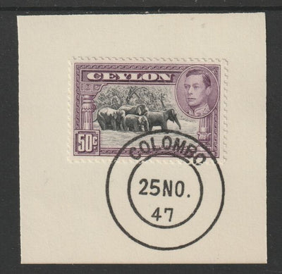 Ceylon 1938-49 KG6 Elephants 50c on piece with full strike of Madame Joseph forged postmark type 122