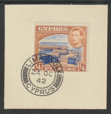 Cyprus 1938-51 KG6 Vouni Palace 1/4pi ultramarine & orange-brown SG151 on piece with full strike of Madame Joseph forged postmark type 137