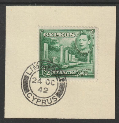 Cyprus 1938-51 KG6 Small Marble Forum 1/2pi green SG152 on piece with full strike of Madame Joseph forged postmark type 137