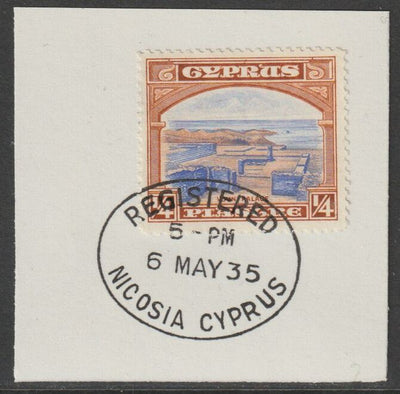 Cyprus 1934 KG5 Youni Palace 1/4pi ultramarine & orange-brown SG133 on piece with full strike of Madame Joseph forged postmark type 132