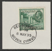 Cyprus 1934 KG5 Small Marble Forum 1/2pi green SG134 on piece with full strike of Madame Joseph forged postmark type 132