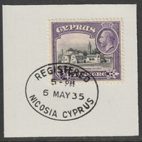 Cyprus 1934 KG5 Church of St Barnabas 3/4pi black & violet SG135 on piece with full strike of Madame Joseph forged postmark type 132