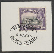 Cyprus 1934 KG5 Church of St Barnabas 3/4pi black & violet SG135 on piece with full strike of Madame Joseph forged postmark type 132