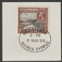 Cyprus 1934 KG5 Roman Theatre 1pi black & reddish-brown SG136 on piece with full strike of Madame Joseph forged postmark type 132