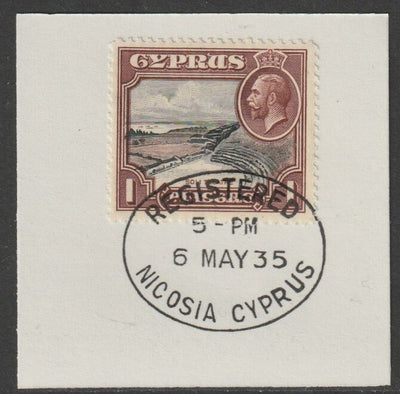 Cyprus 1934 KG5 Roman Theatre 1pi black & reddish-brown SG136 on piece with full strike of Madame Joseph forged postmark type 132