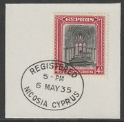 Cyprus 1934 KG5 St Sophia Cathedral 4.5pi black & crimson SG139 on piece with full strike of Madame Joseph forged postmark type 132