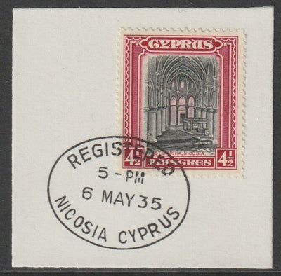 Cyprus 1934 KG5 St Sophia Cathedral 4.5pi black & crimson SG139 on piece with full strike of Madame Joseph forged postmark type 132