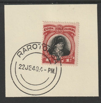 Cook Islands 1932 def 1d Captain Cook (SG100) on piece cancelled with full strike of Madame Joseph forged postmark type 127