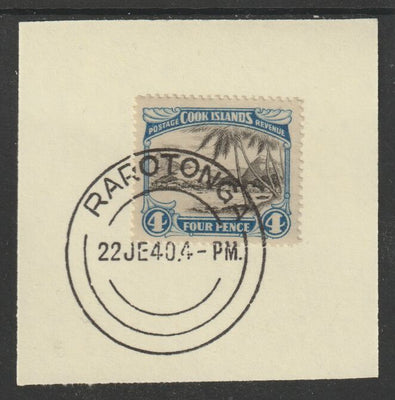 Cook Islands 1932 def 4d Port of Avarua (SG103) on piece cancelled with full strike of Madame Joseph forged postmark type 127