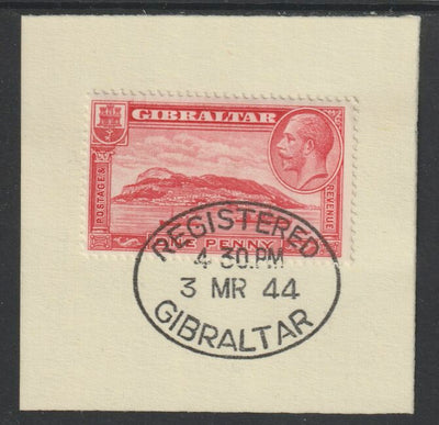 Gibraltar 1931-33 KG5 Rock 1d scarlet (SG 110) on piece with full strike of Madame Joseph forged postmark type 188