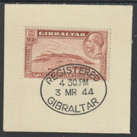 Gibraltar 1931-33 KG5 Rock 1.5d red-brown (SG 111) on piece with full strike of Madame Joseph forged postmark type 188