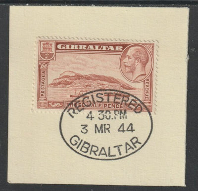 Gibraltar 1931-33 KG5 Rock 1.5d red-brown (SG 111) on piece with full strike of Madame Joseph forged postmark type 188