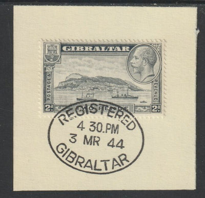 Gibraltar 1931-33 KG5 Rock 2d pale grey (SG 112) on piece with full strike of Madame Joseph forged postmark type 188